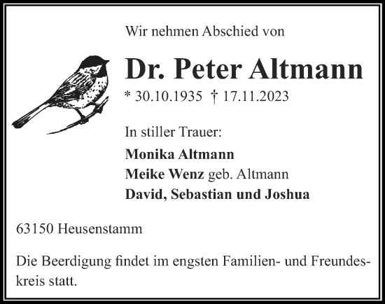 Todesanzeige von Peter Altmann von OF