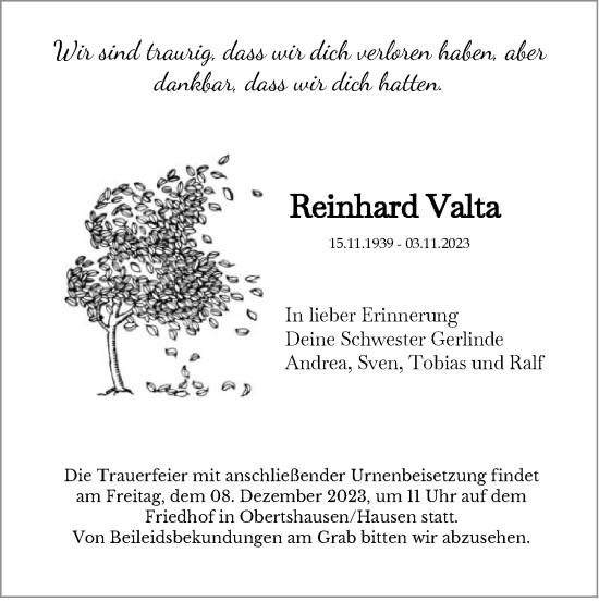 Todesanzeige von Reinhard Valta von OF