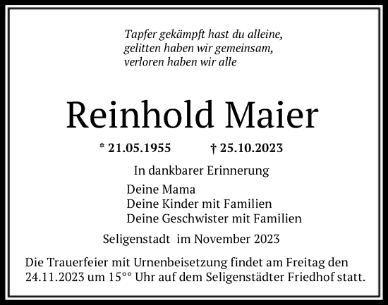 Todesanzeige von Reinhold Maier von OF