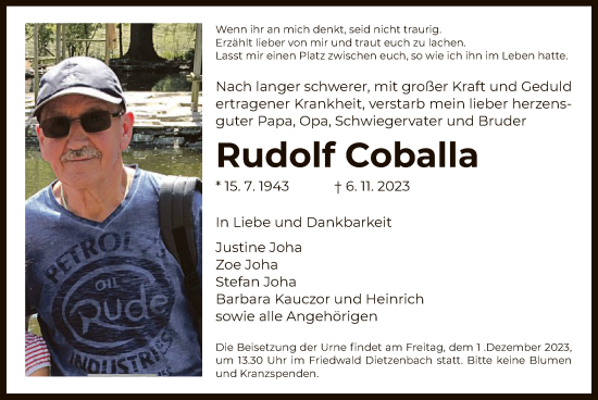 Todesanzeige von Rudolf Coballa von OF