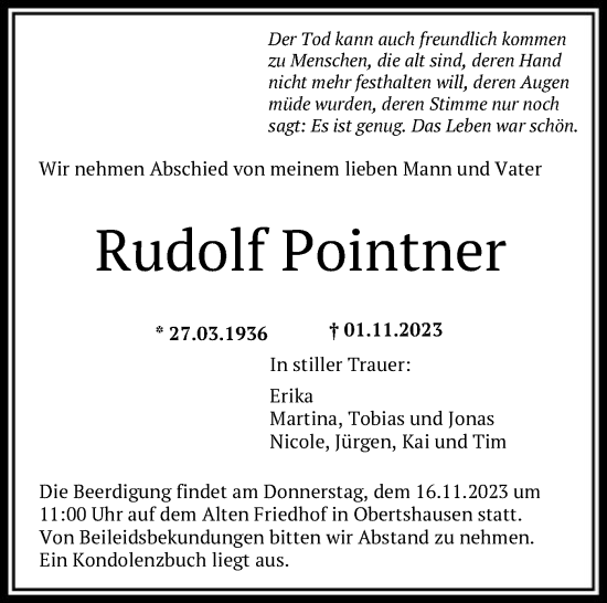 Todesanzeige von Rudolf Pointner von OF