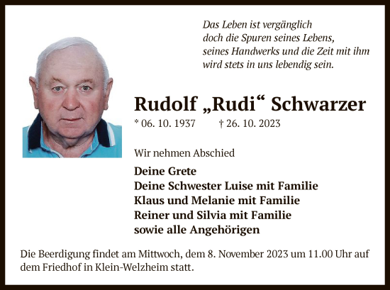 Todesanzeige von Rudolf Schwarzer von OF