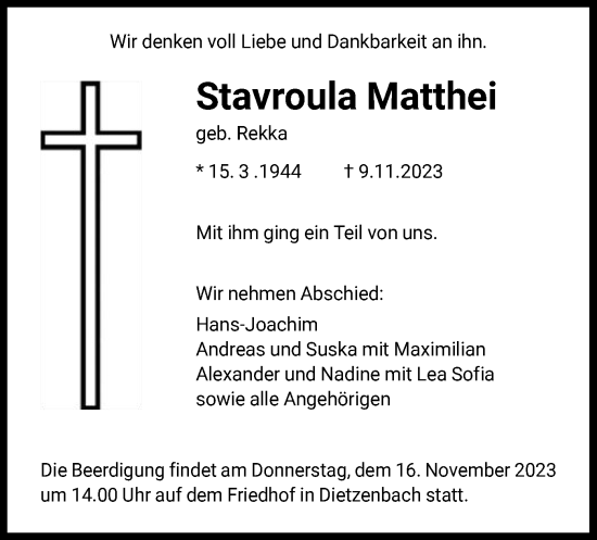 Todesanzeige von Stavroula Matthei von OF