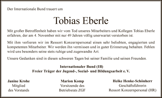 Todesanzeige von Tobias Eberle von OF