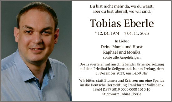 Todesanzeige von Tobias Eberle von OF