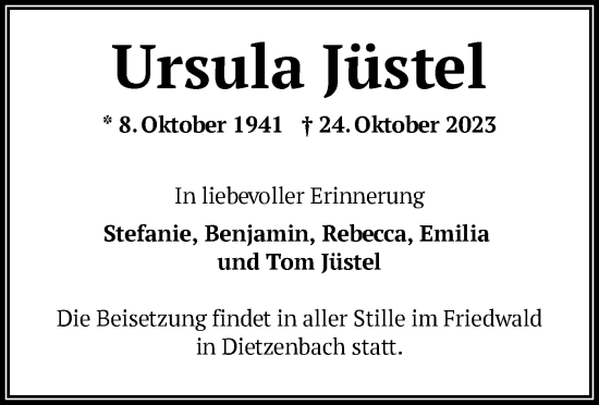 Todesanzeige von Ursula Jüstel von OF