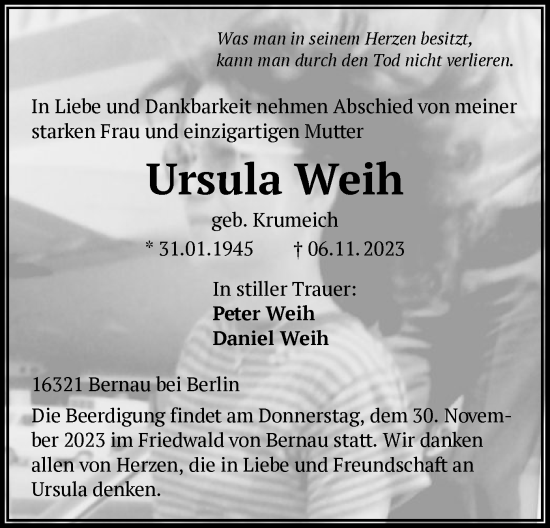 Todesanzeige von Ursula Weih von OF