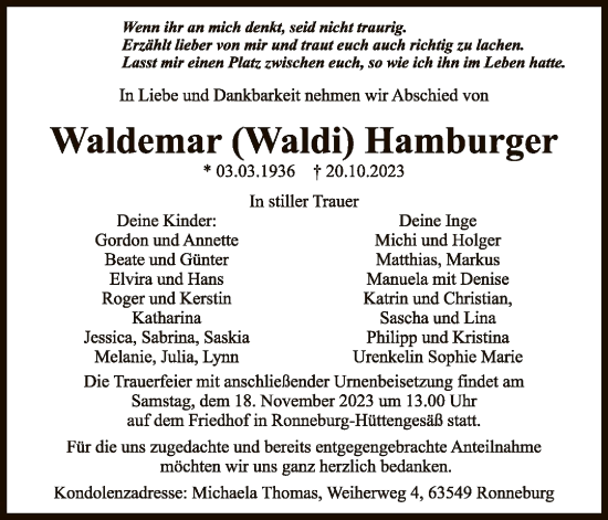 Todesanzeige von Waldemar Hamburger von OF