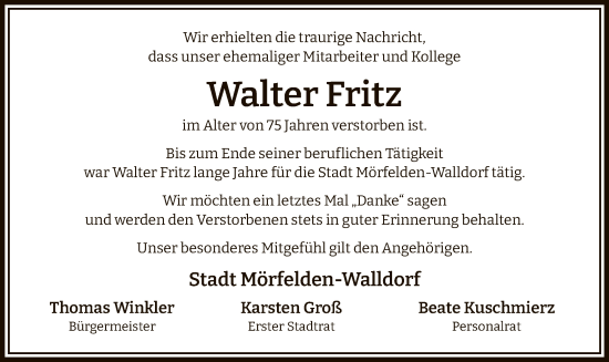 Todesanzeige von Walter Fritz von OF