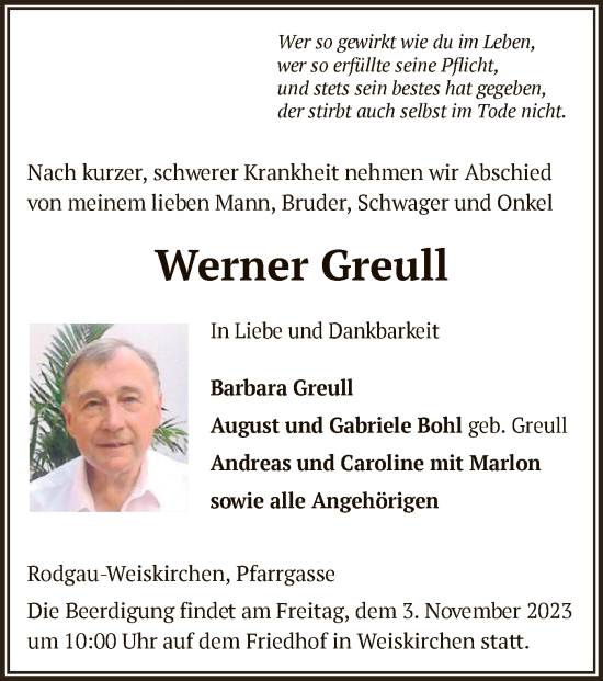 Todesanzeige von Werner Greull von OF