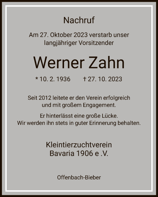 Todesanzeige von Werner Zahn von OF