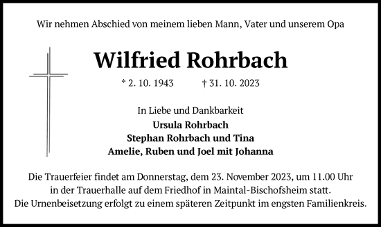 Todesanzeige von Wilfried Rohrbach von OF