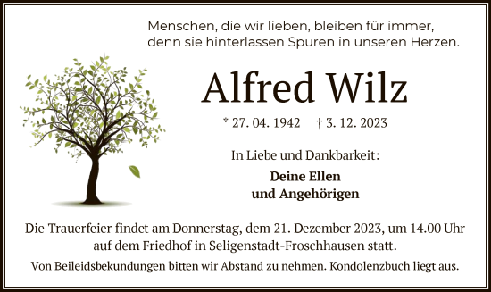 Todesanzeige von Alfred Wilz von OF