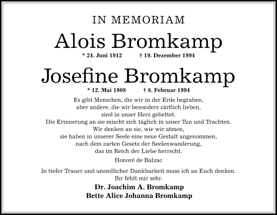 Todesanzeige von Alois und Josefine Bromkamp von OF