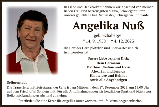 Todesanzeige von Angelika Nuß von OF