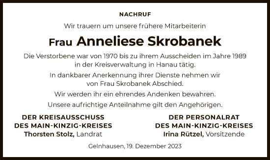 Todesanzeige von Anneliese Skrobanek von OF