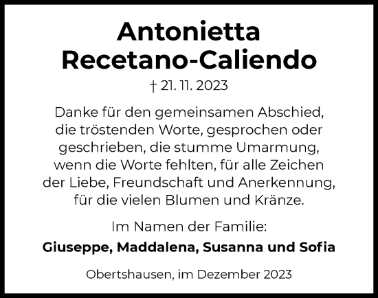 Todesanzeige von Antonietta Recetano-Caliendo von OF