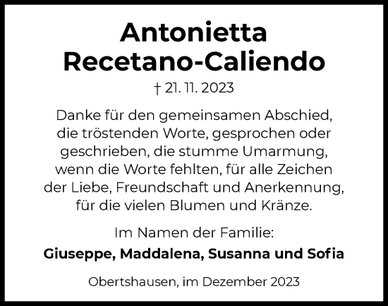 Todesanzeige von Antonietta Recetano-Caliendo von OF