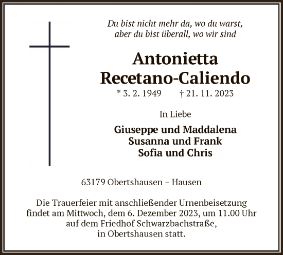 Todesanzeige von Antonietta Recetano-Caliendo von OF
