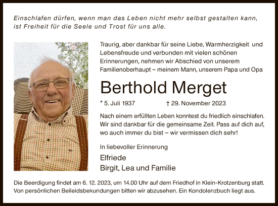 Todesanzeige von Berthold Merget von OF