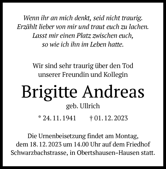 Todesanzeige von Brigitte Andreas von OF