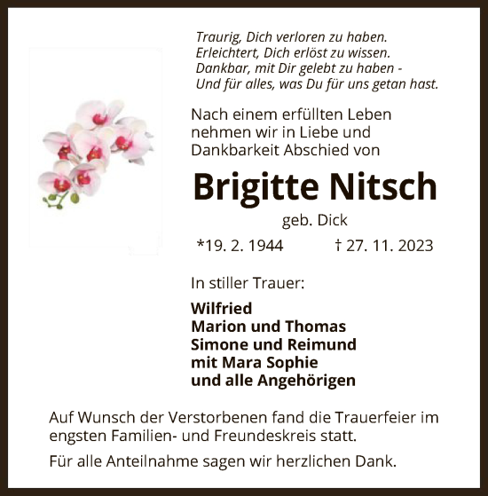 Todesanzeige von Brigitte Nitsch von OF