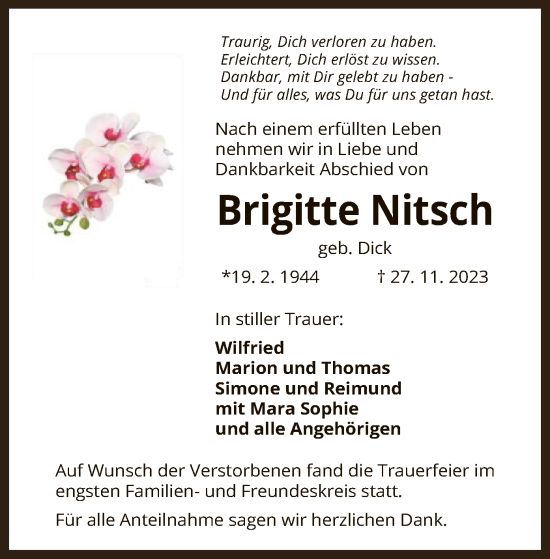 Todesanzeige von Brigitte Nitsch von OF