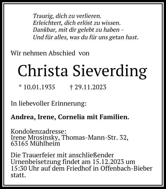Todesanzeige von Christa Sieverding von OF