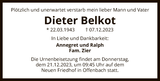 Todesanzeige von Dieter Belkot von OF