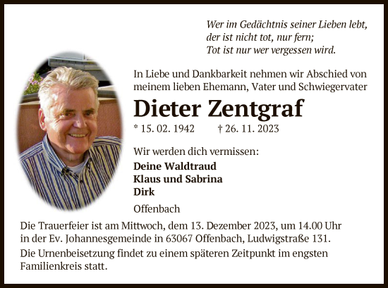 Todesanzeige von Dieter Zentgraf von OF