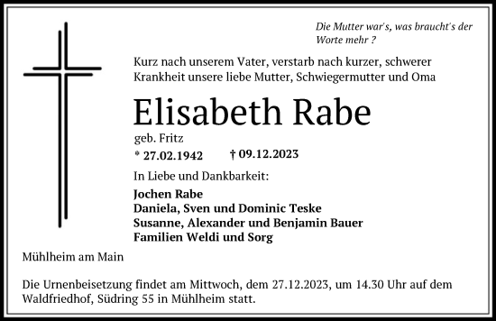 Todesanzeige von Elisabeth Rabe von OF