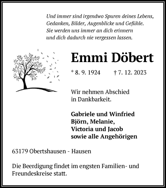 Todesanzeige von Emmi Döbert von OF