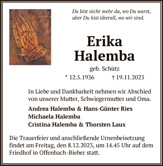 Todesanzeige von Erika Halemba von OF