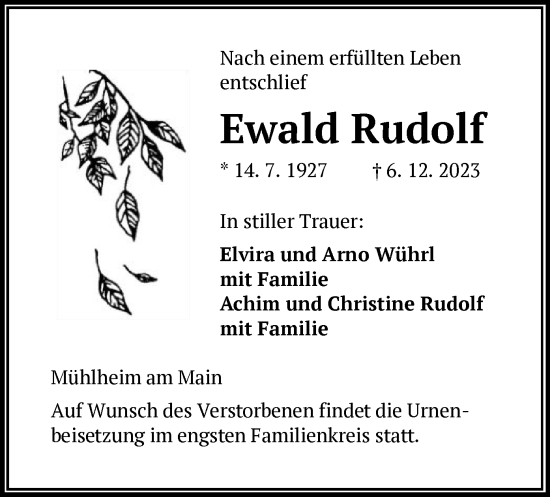 Todesanzeige von Ewald Rudolf von OF