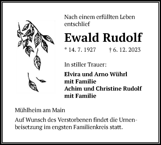 Todesanzeige von Ewald Rudolf von OF