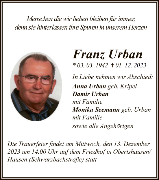 Todesanzeige von Franz Urban von OF