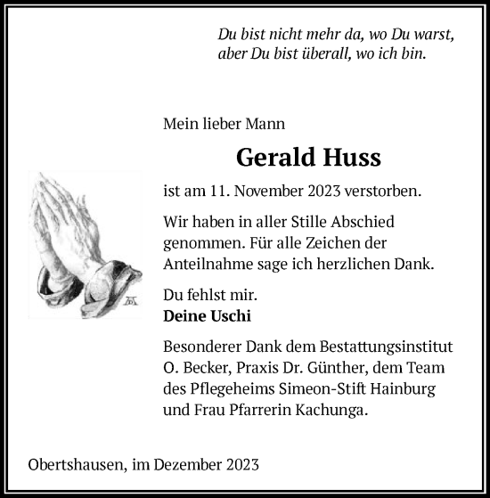 Todesanzeige von Gerald Huss von OF