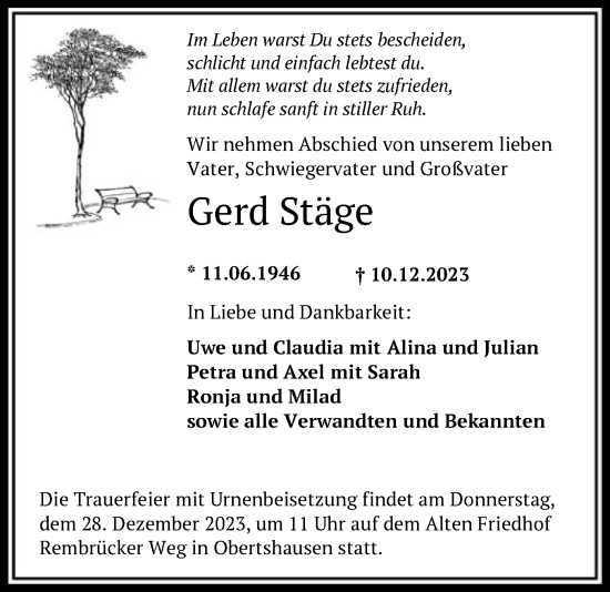 Todesanzeige von Gerd Stäge von OF