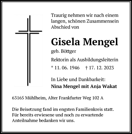 Todesanzeige von Gisela Mengel von OF