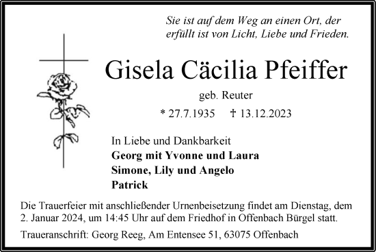 Todesanzeige von Gisela Cäcilia Pfeiffer von OF