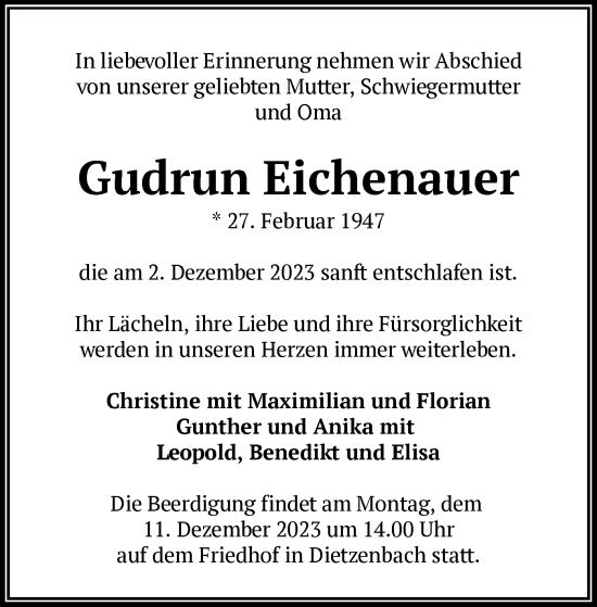 Todesanzeige von Gudrun Eichenauer von OF