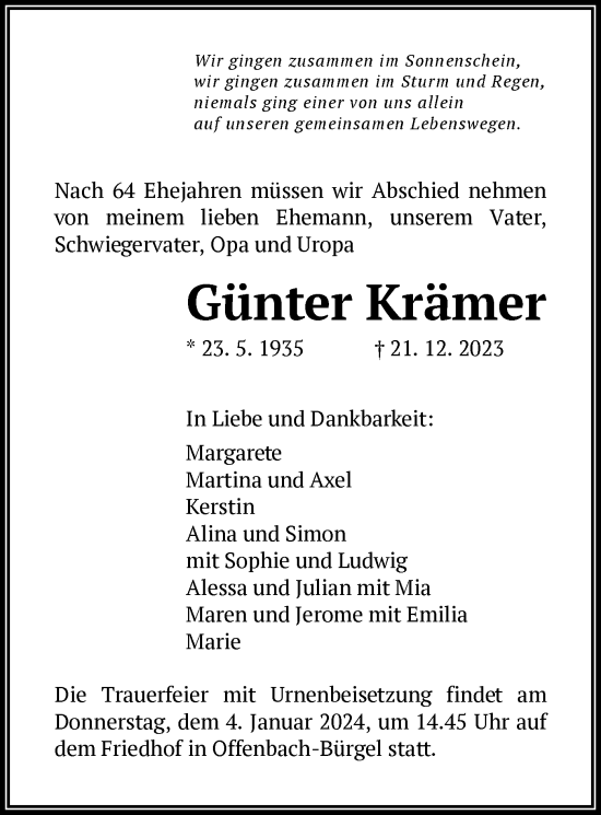 Todesanzeige von Günter Krämer von OF