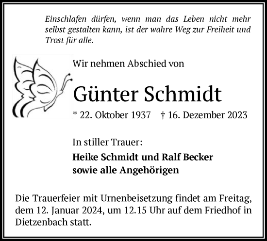 Todesanzeige von Günter Schmidt von OF