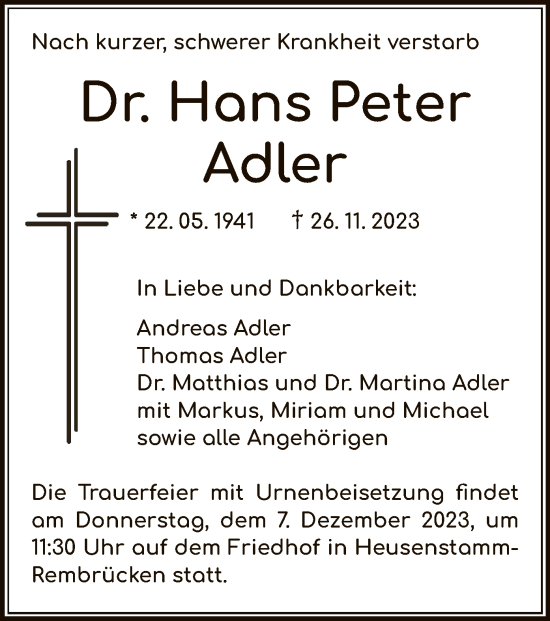 Todesanzeige von Hans Peter Adler von OF