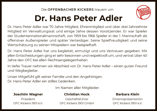 Todesanzeige von Hans Peter Adler von OF