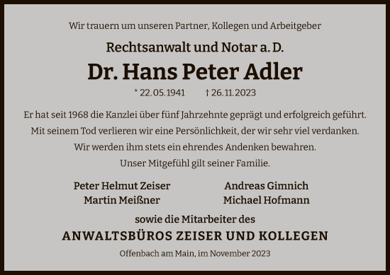 Todesanzeige von Hans Peter Adler von OF