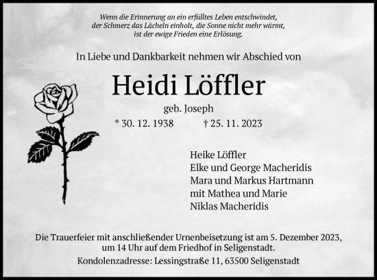 Todesanzeige von Heidi Löffler von OF