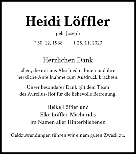 Todesanzeige von Heidi Löffler von OF