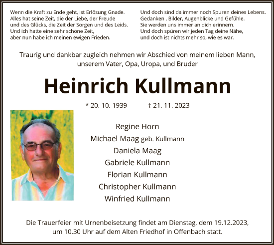 Todesanzeige von Heinrich Kullmann von OF