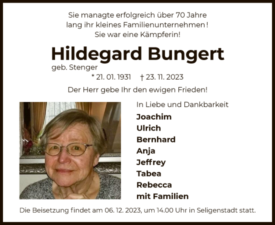 Todesanzeige von Hildegard Bungert von OF